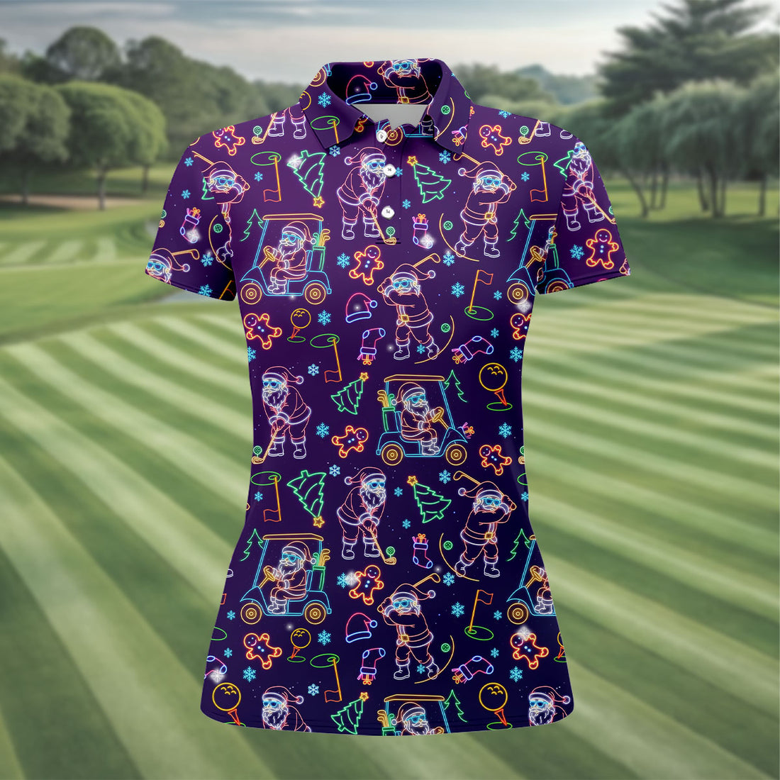 Christmas Neon Santa Golf Pose Women's Funny Golf Tops, Christmas Golf Shirt, Polo Shirts For Women