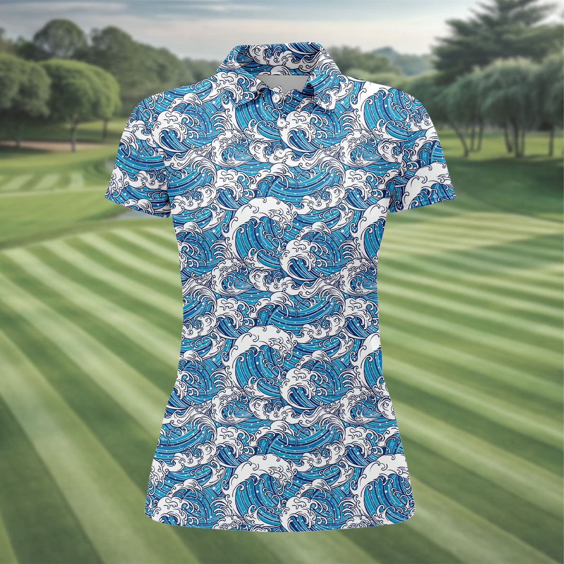 Blue Ocean Wave Pattern Golf Shirt, Women’s Golf Tops, Golf Shirts For Women, Printed Golf Shirt