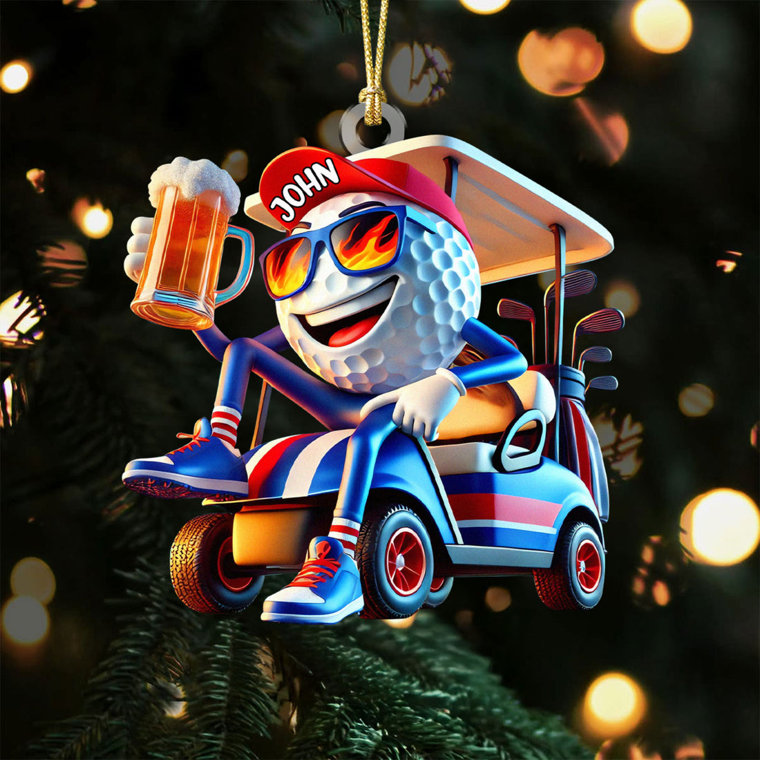 Custom Name Beer Golf Ball Driving Golf Cart Acrylic Ornament, Golf Christmas Ornaments, Christmas Golf Gift