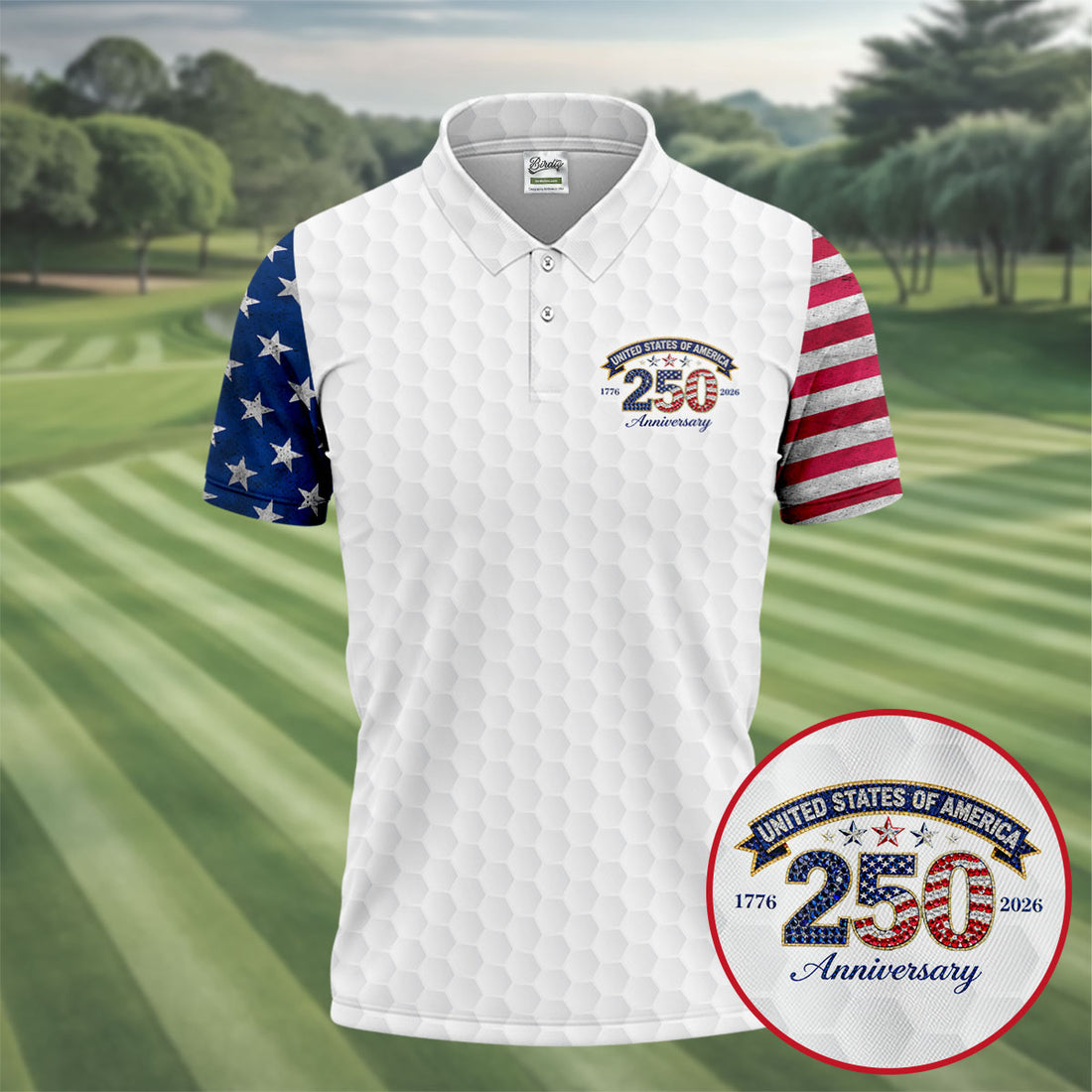 250th Anniversary Golf Ball Pattern White Golf Shirt, Patriotic 4th Of July Golf Shirt, Golf Shirts For Men