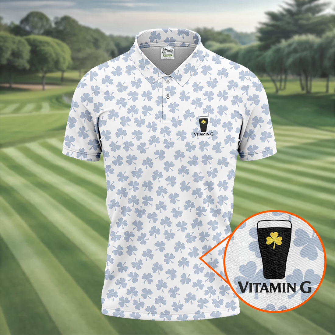 Vitamin G Shamrock Pattern Golf And Beer White Golf Shirt, St Patrick's Day Golf Shirt, Polo Shirts For Men