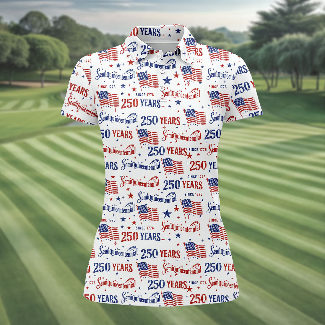 Semiquincentennial 250 Years Distressed American Flag Golf Shirt, Patriotic 4th Of July Golf Shirt For Women