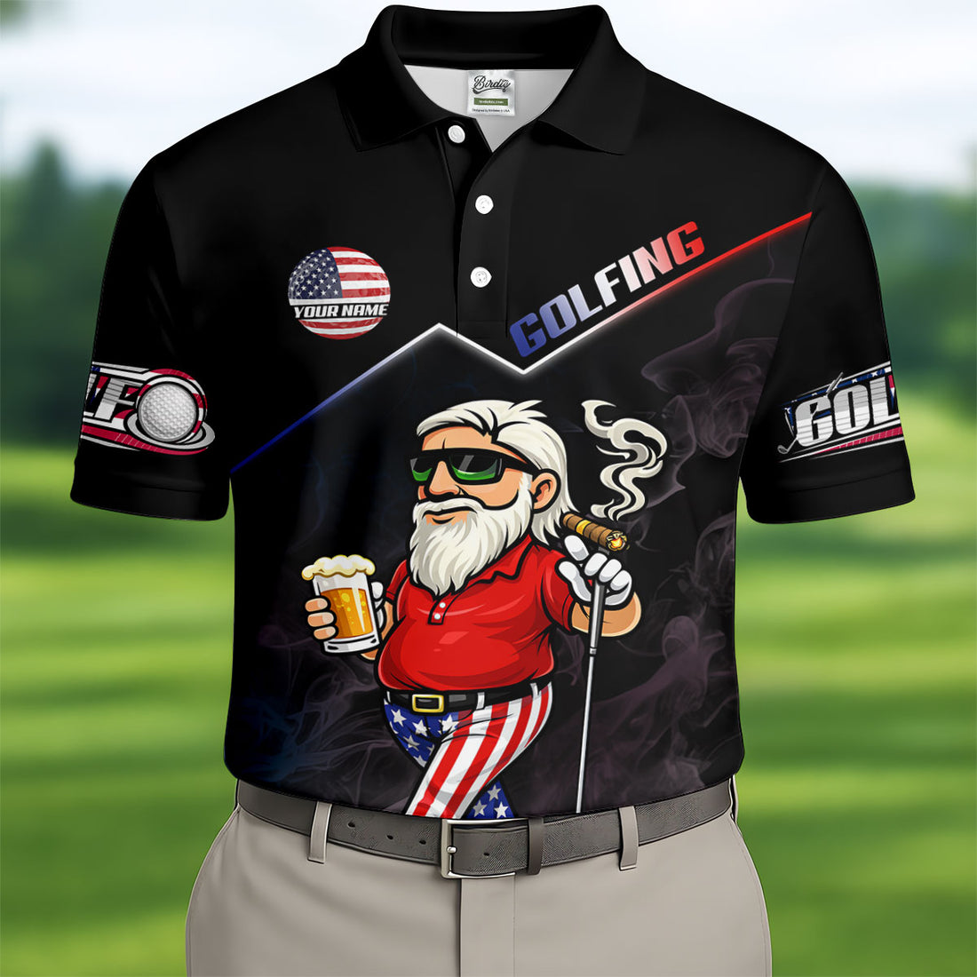 Patriotic Man Golf And Beer Custom Name Funny 4th Of July Golf Shirt, 250th Anniversary Golf Shirts For Men