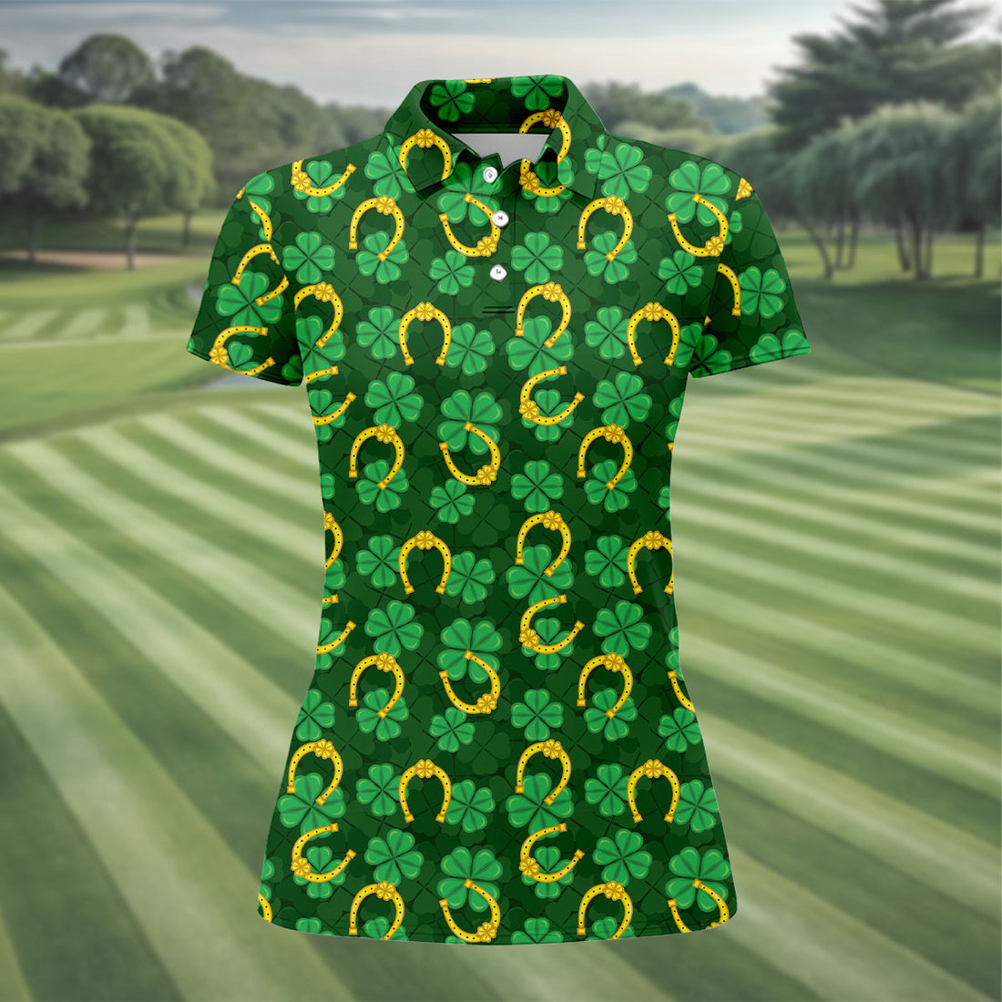 Four Leaf Clovers Golden Horseshoes St Patrick's Day Golf Shirt, Women's Golf Tops, Ladies Golf Polos