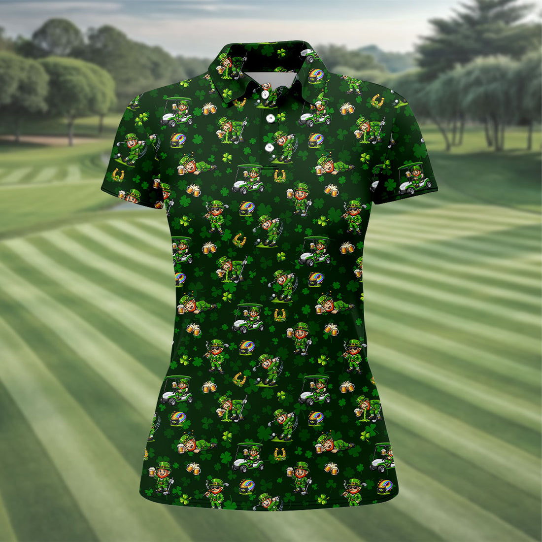 St Patrick's Day Gnome Golf Pose Shamrock Golf Shirt, Fun Women's Golf Shirts, Ladies Golf Polos