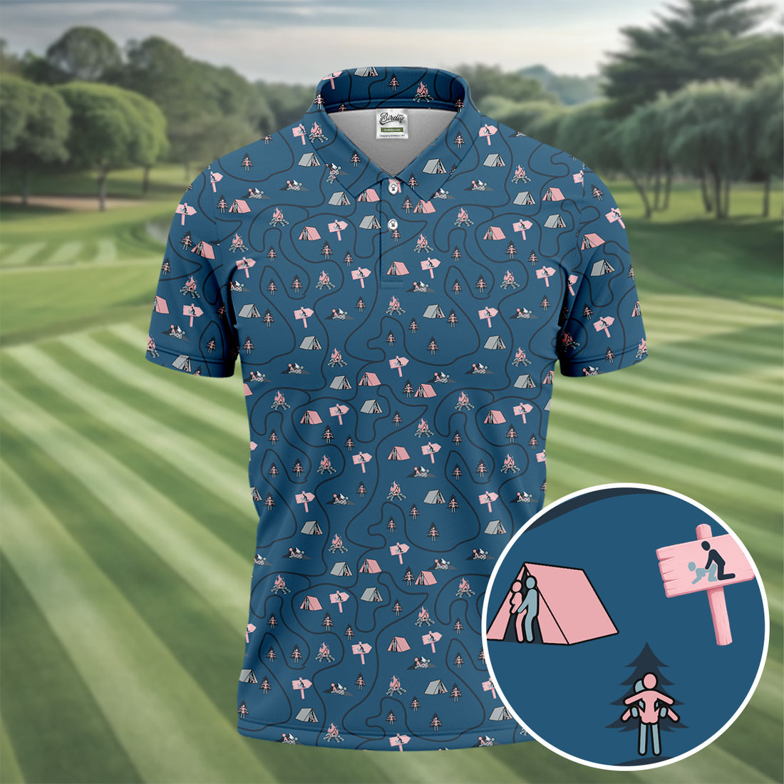 Funny Adult Camping Pattern Polo Shirt, Golf Polo Shirts For Men, Printed Golf Shirts