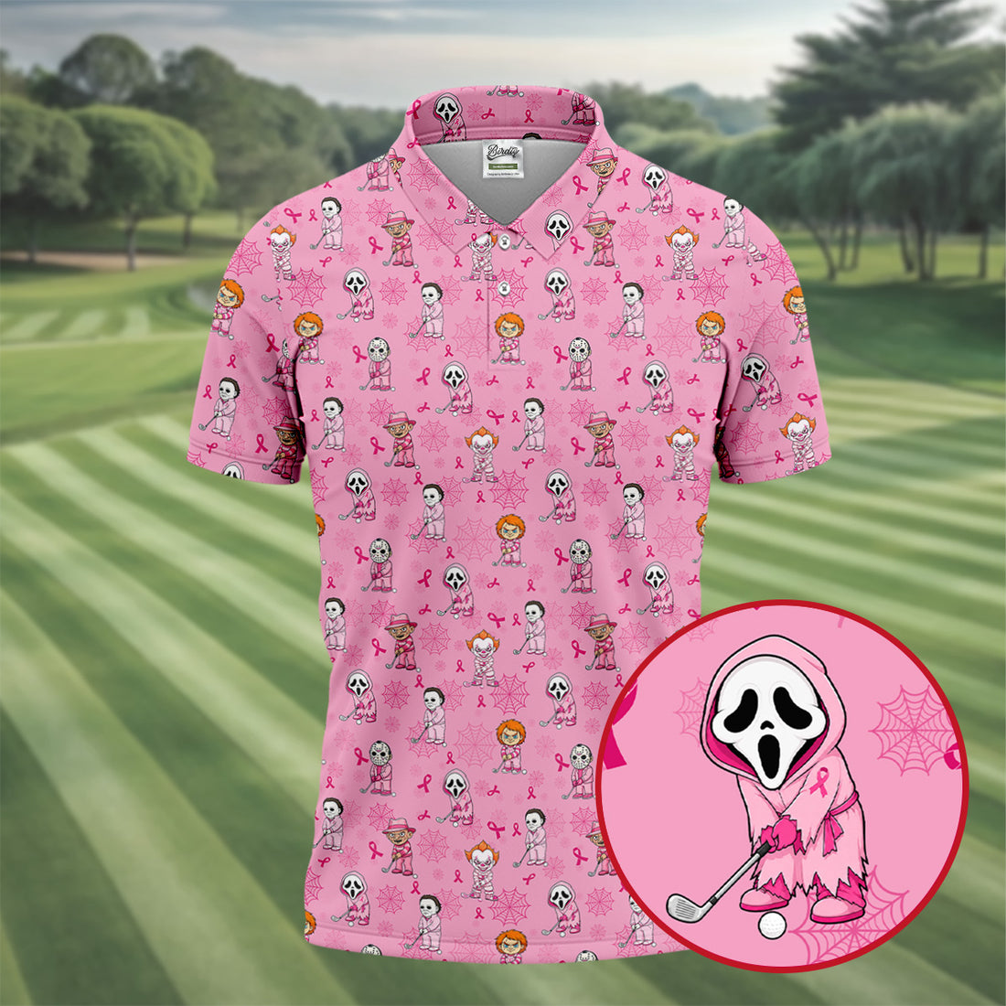 Pink Halloween Horror Breast Cancer Polo Shirt, Golf Shirts For Men, Mens Golf Shirts