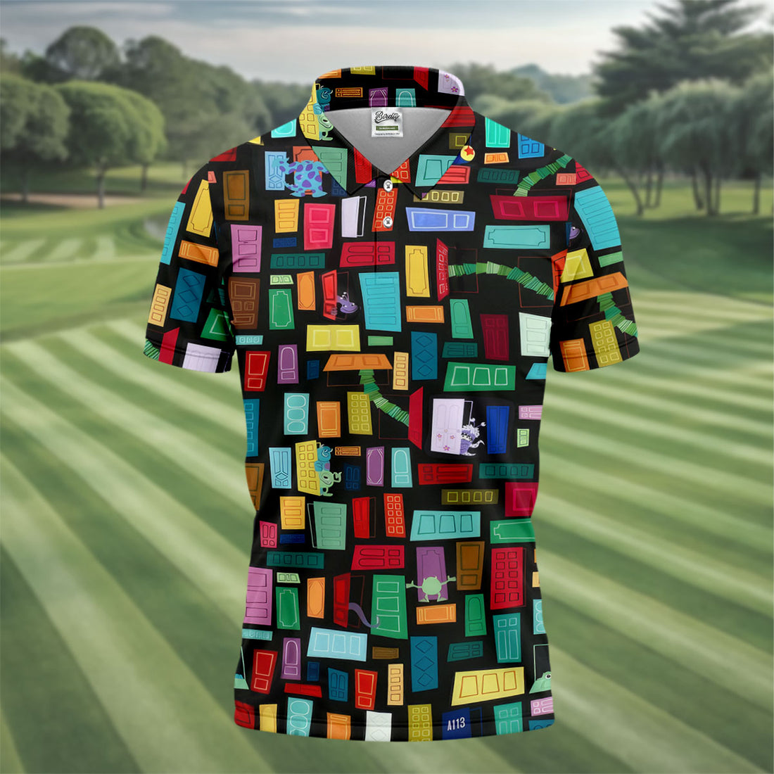 Monster Door Golf Shirt, Colorful Animated Monster World Pattern, Golf Shirt For Men