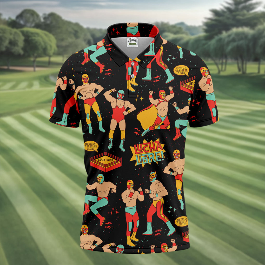 Black Lucha Libre Mexican Wrestler Pattern Golf Shirt, Golf Shirts For Men, Mens Golf Apparel