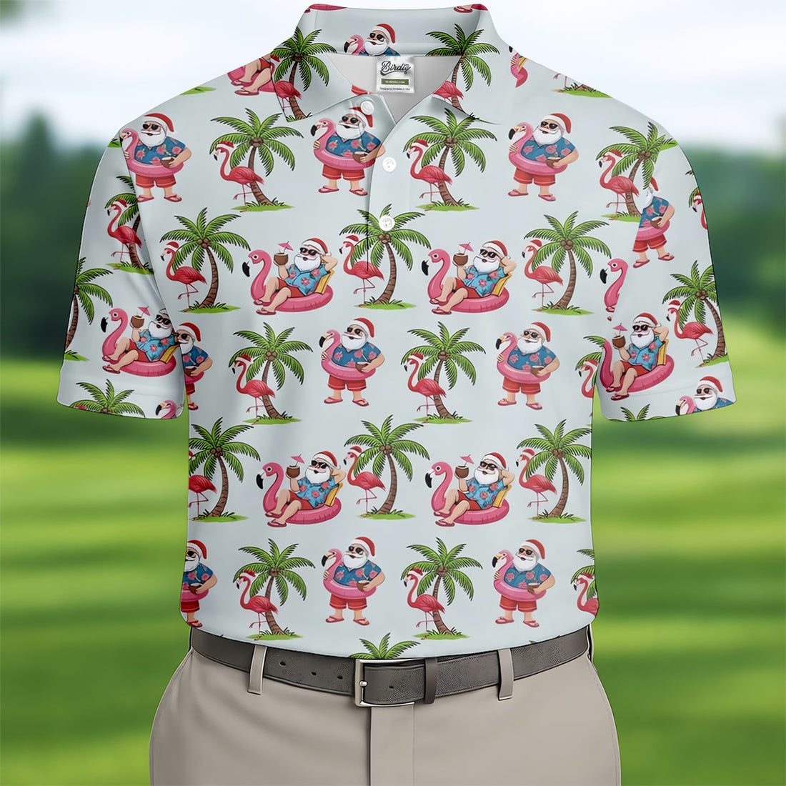 Tropical Santa Flamingo Beach Golf Polo, Christmas Golf Shirt, Golf Apparel For Men