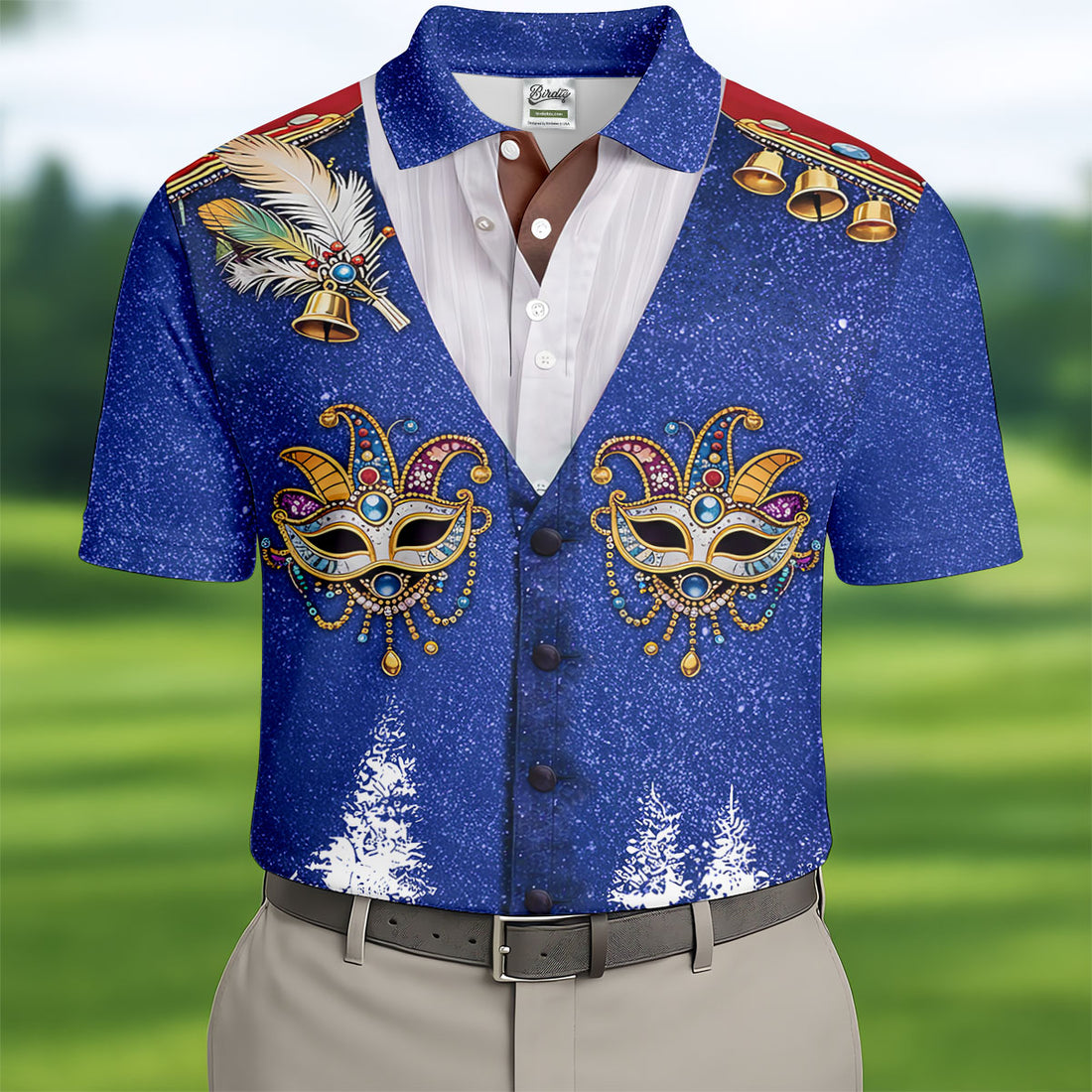Masquerade Mask Feather Mardi Gras Glitter Print Blue Golf Shirt, Polo Shirts For Men, Golf Shirts For Men