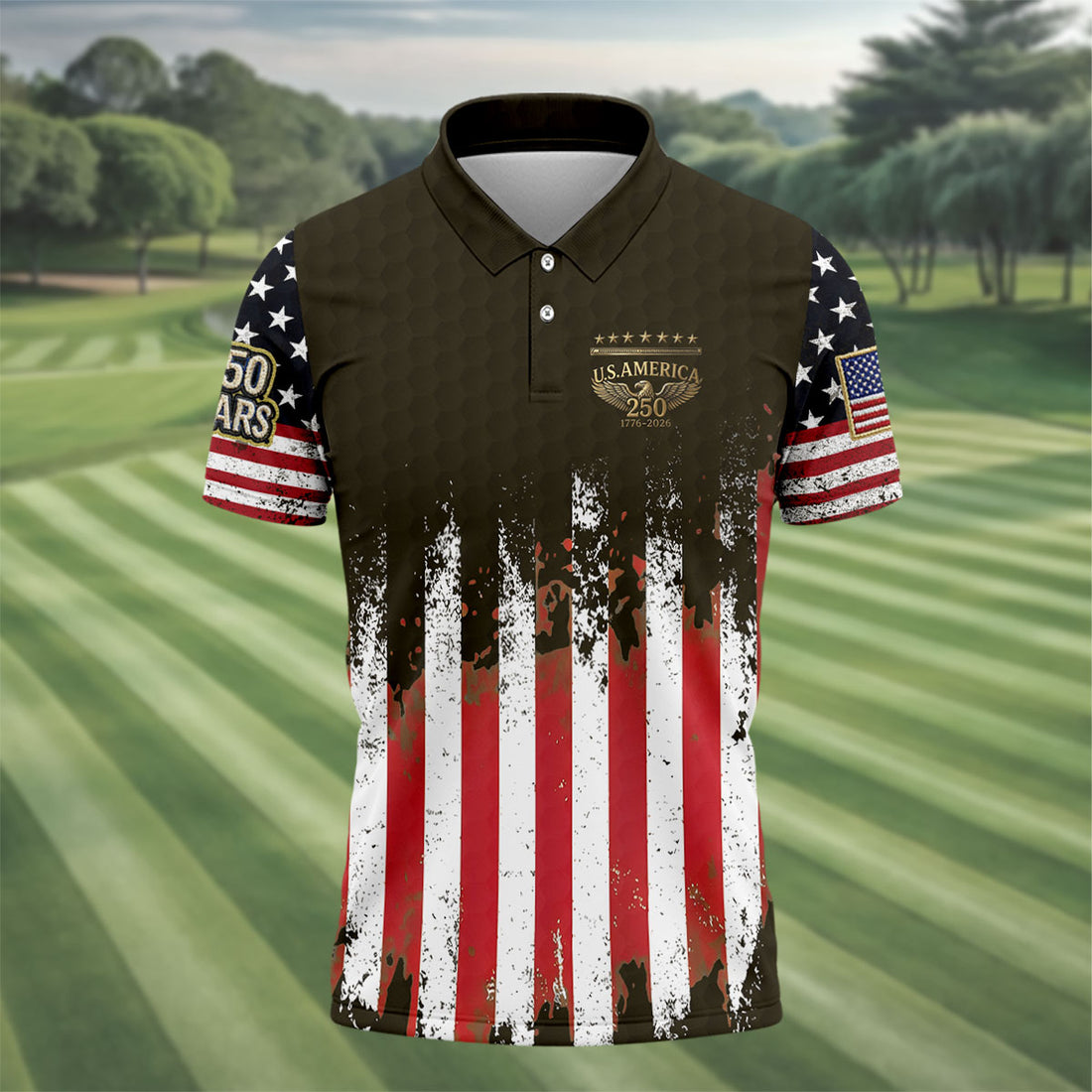 US Bald Eagle Golf Ball Pattern Distressed American Flag Golf Shirts For Men, 250th Anniversary 4th Of July Golf Shirt