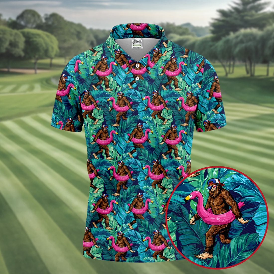 Tropical Flamingo Bigfoot Golf Shirt, 250 Years 4th Of July Patriotic Golf Shirts For Men