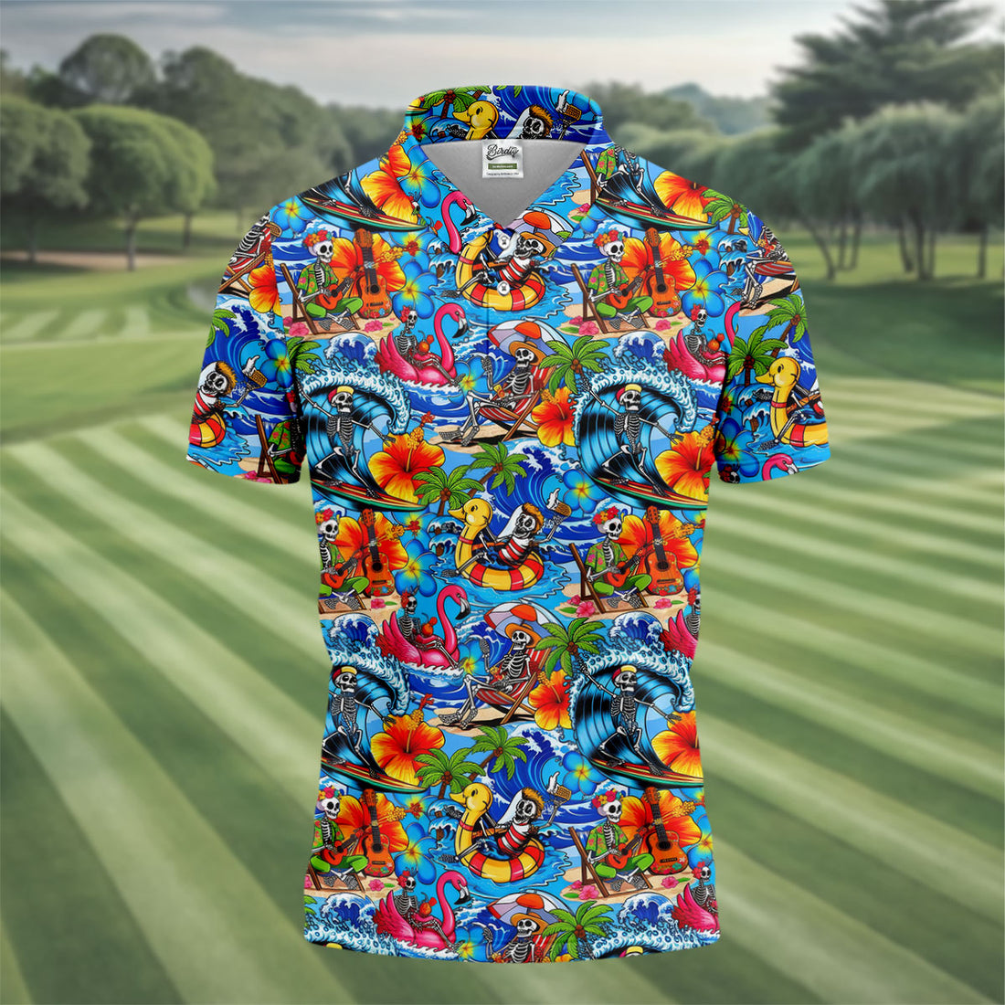 Blue Tropical Skeleton Surfer Pattern Golf Polo Shirt, Men's Golf Shirt, Golf Polo Shirts For Men