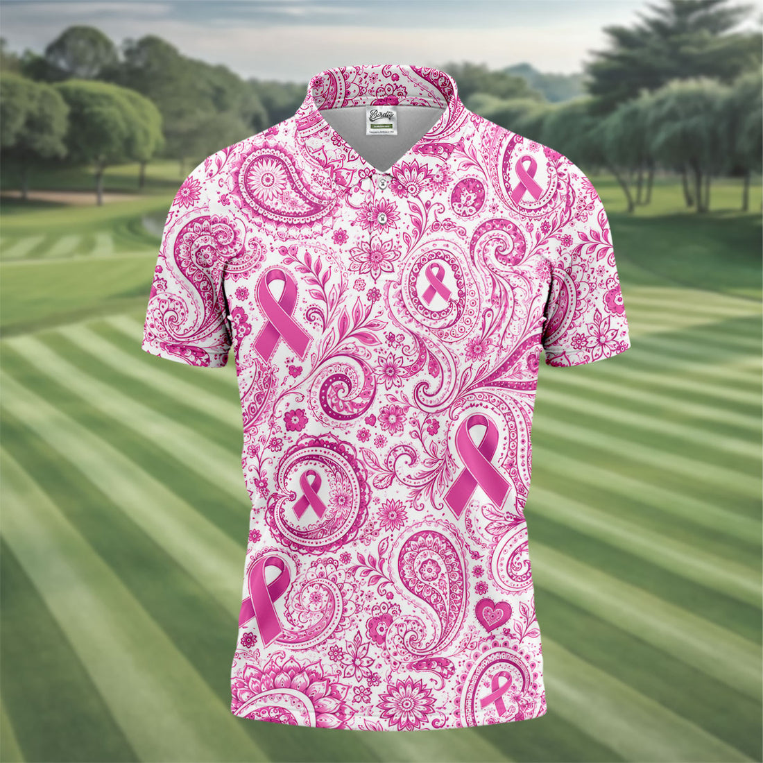 Pink Ribbon Paisley Breast Cancer Golf Polo Shirt, Men's Golf Shirt, Printed Golf Shirts