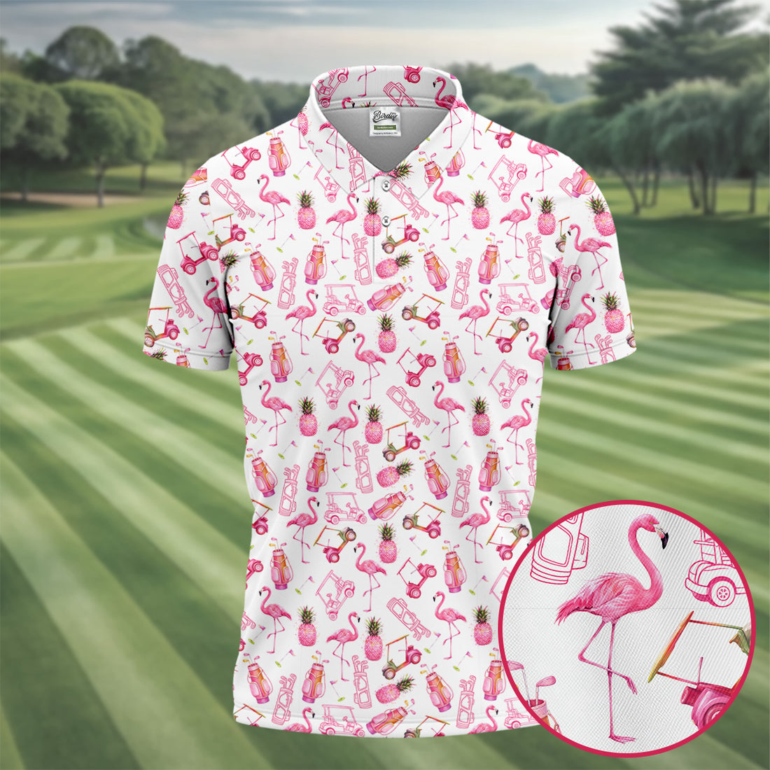Funny Flamingo Pink Pineapple Tropical Vibe Golf Tops For Men, Men's Funny Golf Shirts, Polo Shirts For Men