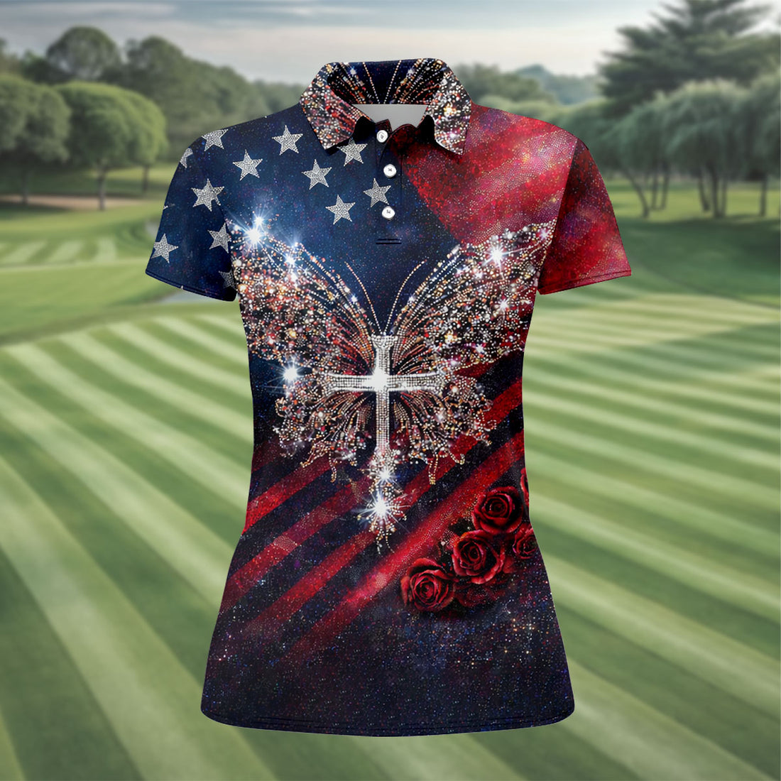 Faith Cross Shimmering Butterfly 250th Anniversary Ladies Golf Tops, Patriotic 4th Of July Golf Shirt For Women