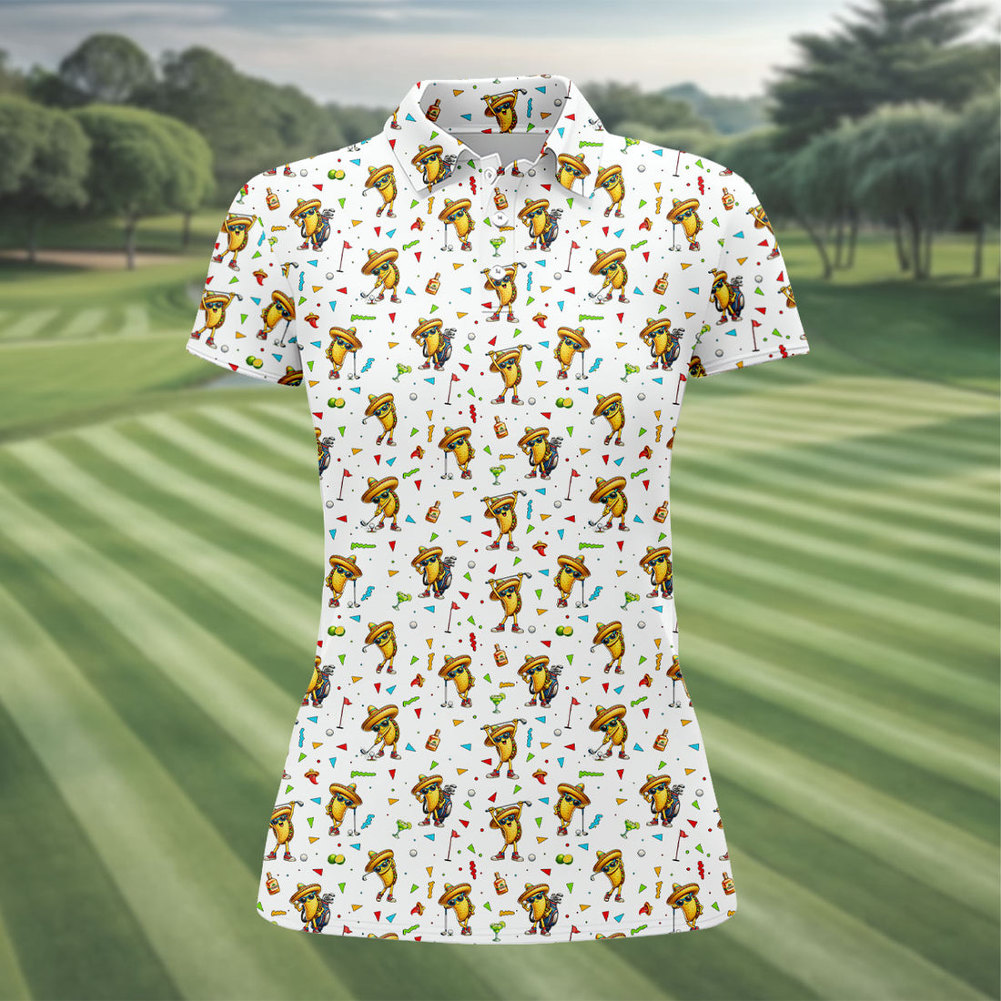 Fairway Fiesta Taco Margarita Mexico Theme White Golf Shirt, Women Golf Shirts, Ladies Golf Shirt