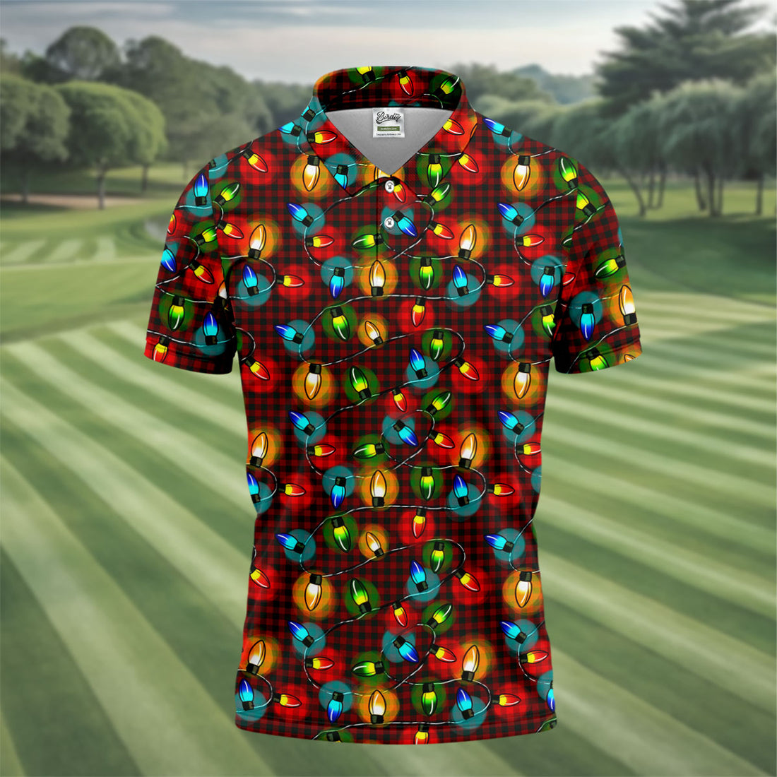 Colorful Christmas Light Plaid Men's Golf Polo Shirts, Christmas Golf Shirt, Polo Shirts For Men