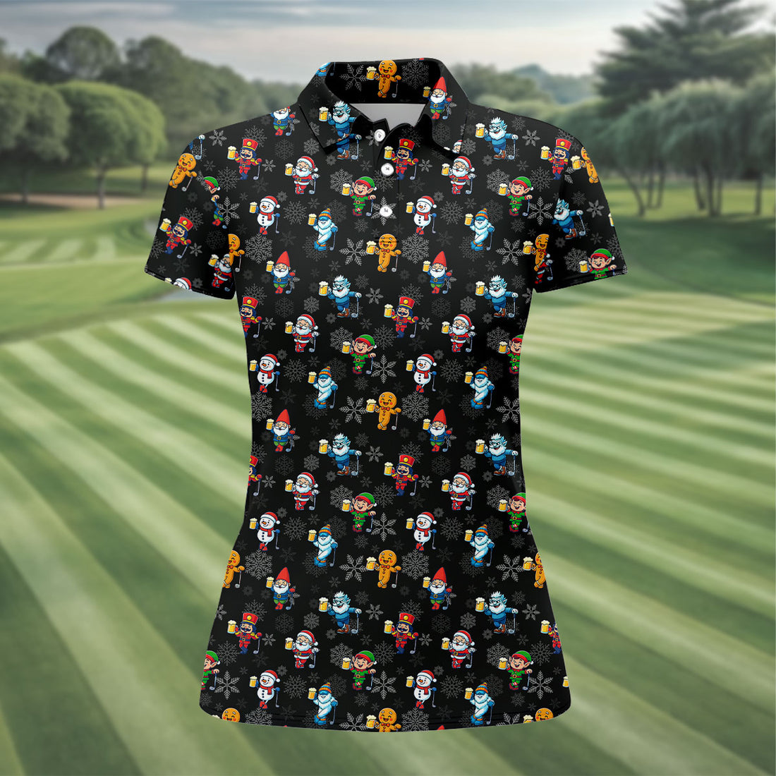 Classic Christmas Characters Black Golf Shirt, Christmas Golf Shirt, Women's Golf Tops, Ladies Golf Shirts
