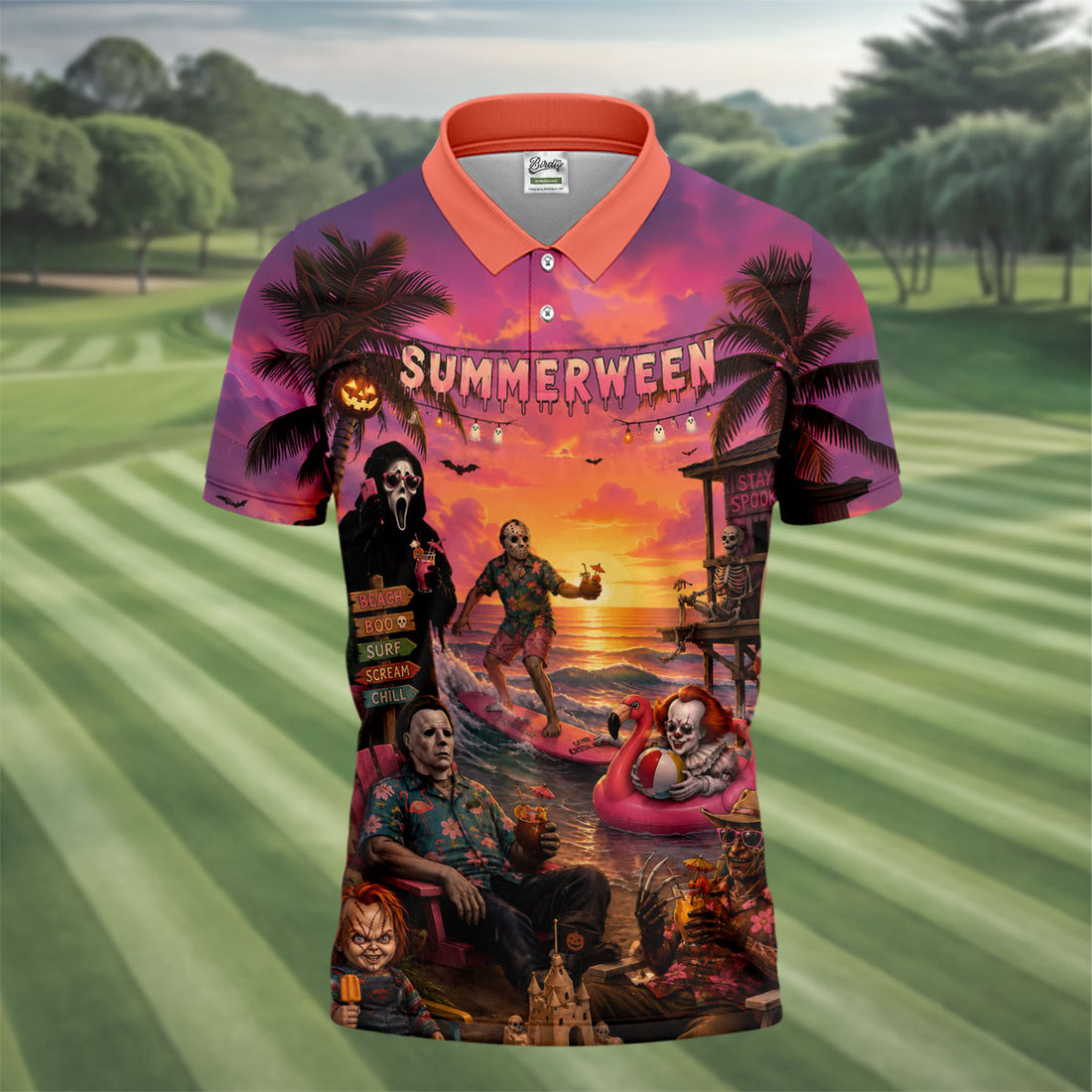 Summerween Halloween Horror Character Golf Shirt, Printed Golf Shirts, Hawaiian Golf Shirt