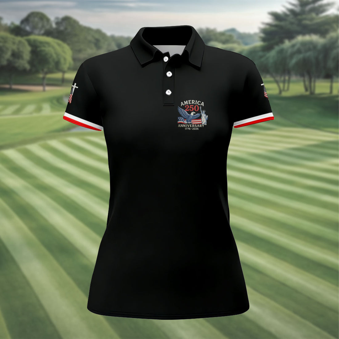 America 250 Anniversary 1776-2026 Faith Cross Bald Eagle Logo Golf Shirt For Women, Patriotic 4th Of July Golf Shirt