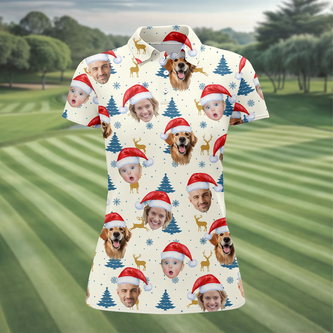 Custom Face Pine Tree Pattern Beige And Navy Christmas Golf Shirt, Ladies Golf Shirts, Golf Gifts For Women