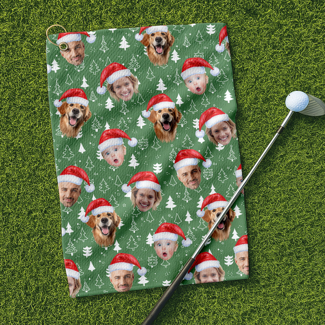 Custom Face Xmas Pine Tree Green Cute Golf Towels, Christmas Golf Gift, Custom Golf Accessories