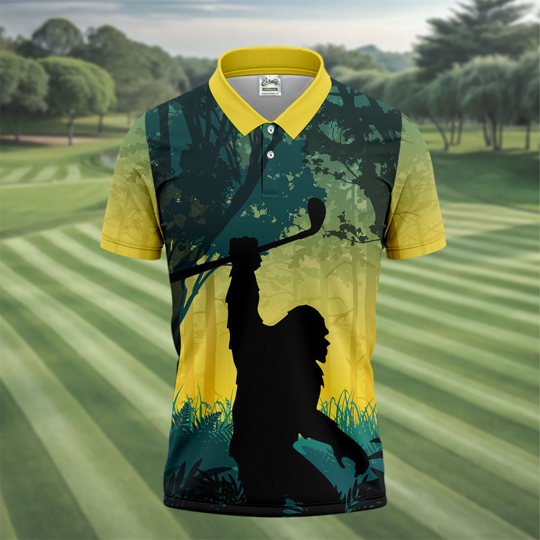 Bigfoot Golfer Forest Silhouette Polo Shirt, Golf Polo Shirts For Men, Mens Golf Apparel