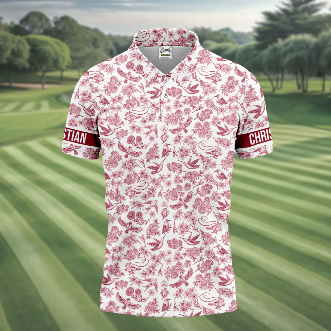 Custom Name Toile de Jouy Birds And Flowers White And Red Polo Shirts For Men, Golf Gift For Men