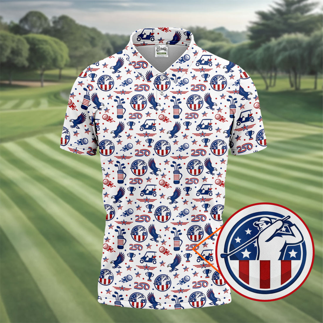 Bald Eagle American Flag Golf Pattern 4th Of July Golf Shirts For Men, 250th Anniversary Patriotic Golf Shirt