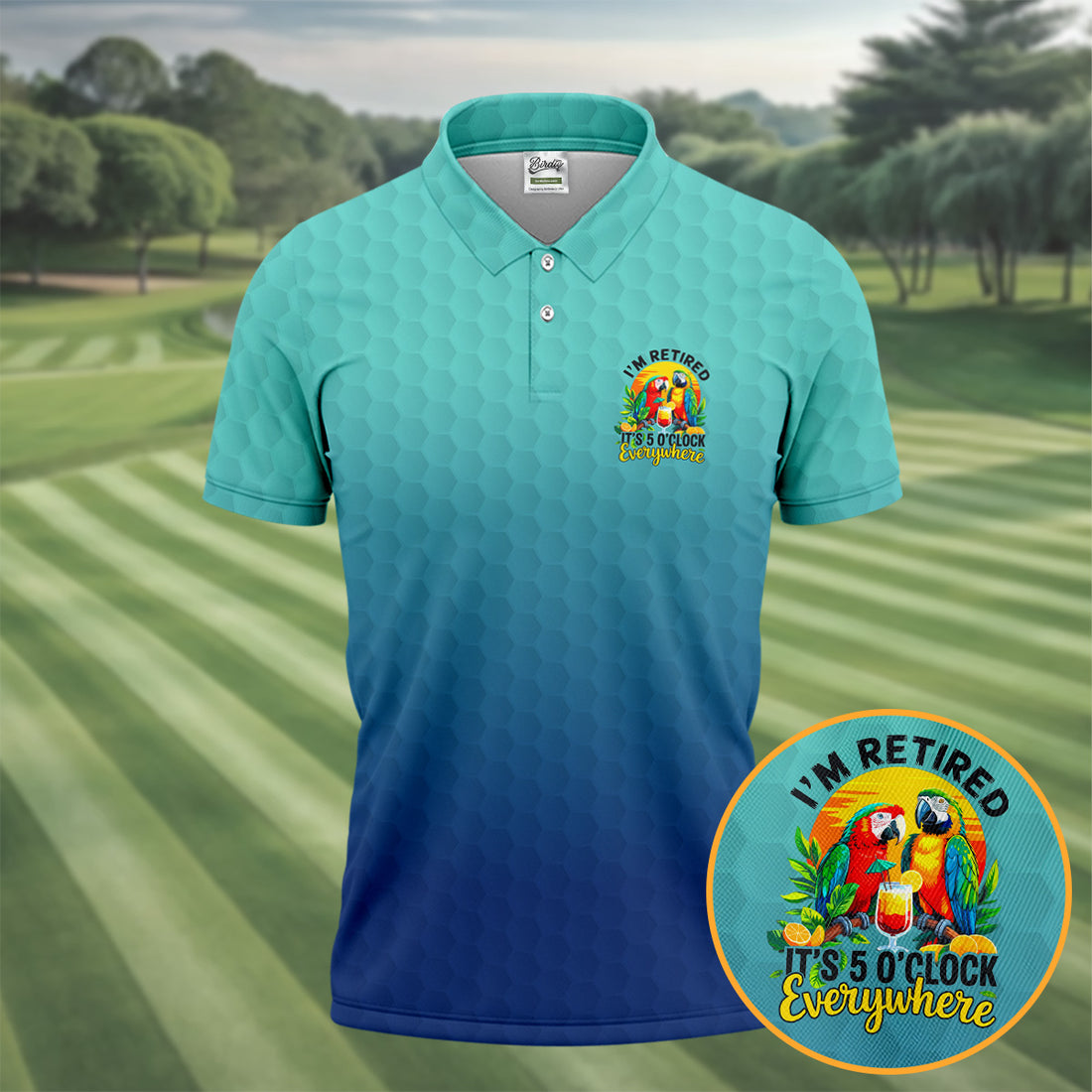 Blue Tropical Parrot Retirement Golf Polo Shirt, Mens Golf Polo, Golf Apparel For Men