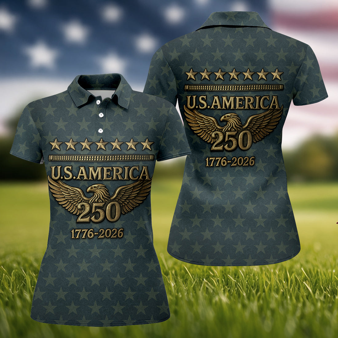 US America 250th Anniversary Denim Color Star Pattern Women's Golf Tops, Patriotic Golf Shirt, Ladies Golf Shirts