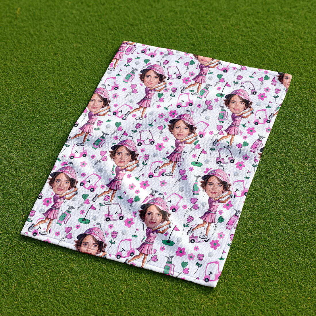 Custom Face Pink Green Golf Towel With Golf Cart Doodle, Unique Gift For Golfer, Christmas Golf Gift