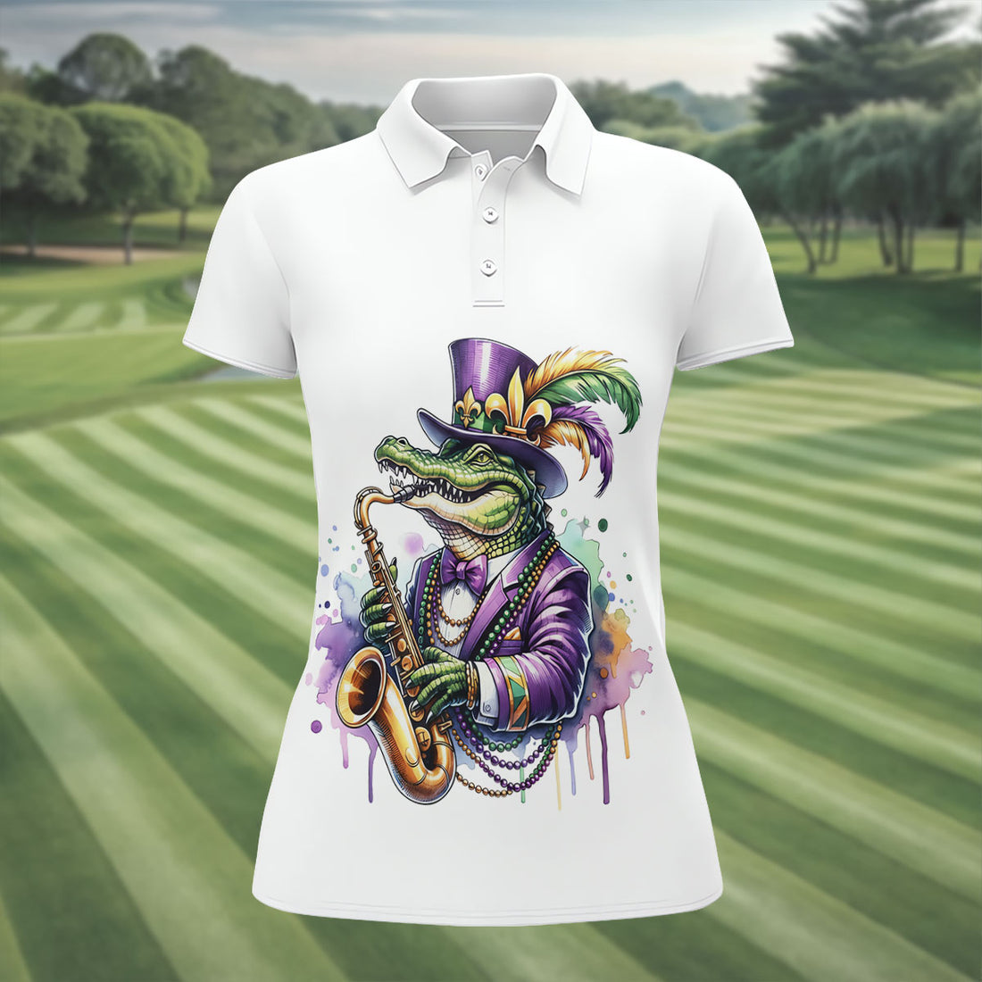 Mardi Gras Alligator Playing Saxophone White Golf Shirt, Women's Golf Tops, Ladies Golf Shirt
