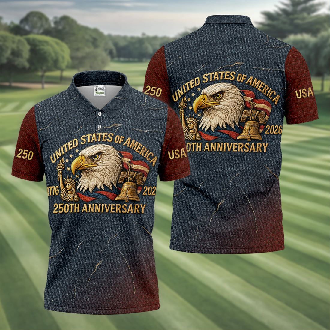 250th Anniversary American Flag And Eagle Denim Color Golf Tops For Men, Patriotic Golf Shirt, Golf Shirts For Men