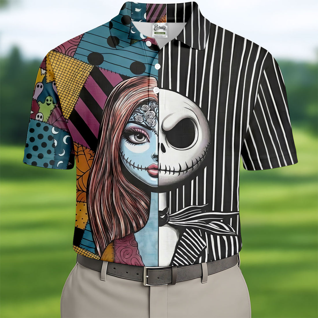 Half Sally And Jack Horror Character Golf Polo Shirt, Men's Golf Shirt, Printed Golf Shirts