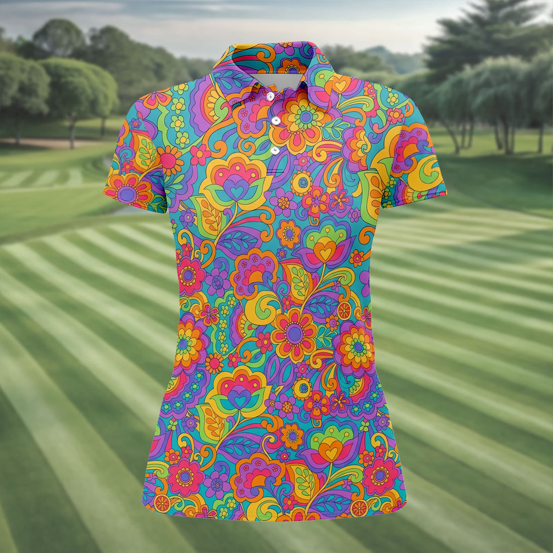 Vintage Psychedelic Floral Pattern Hawaiian Golf Shirt, Women’s Golf Tops, Golf Shirts For Women