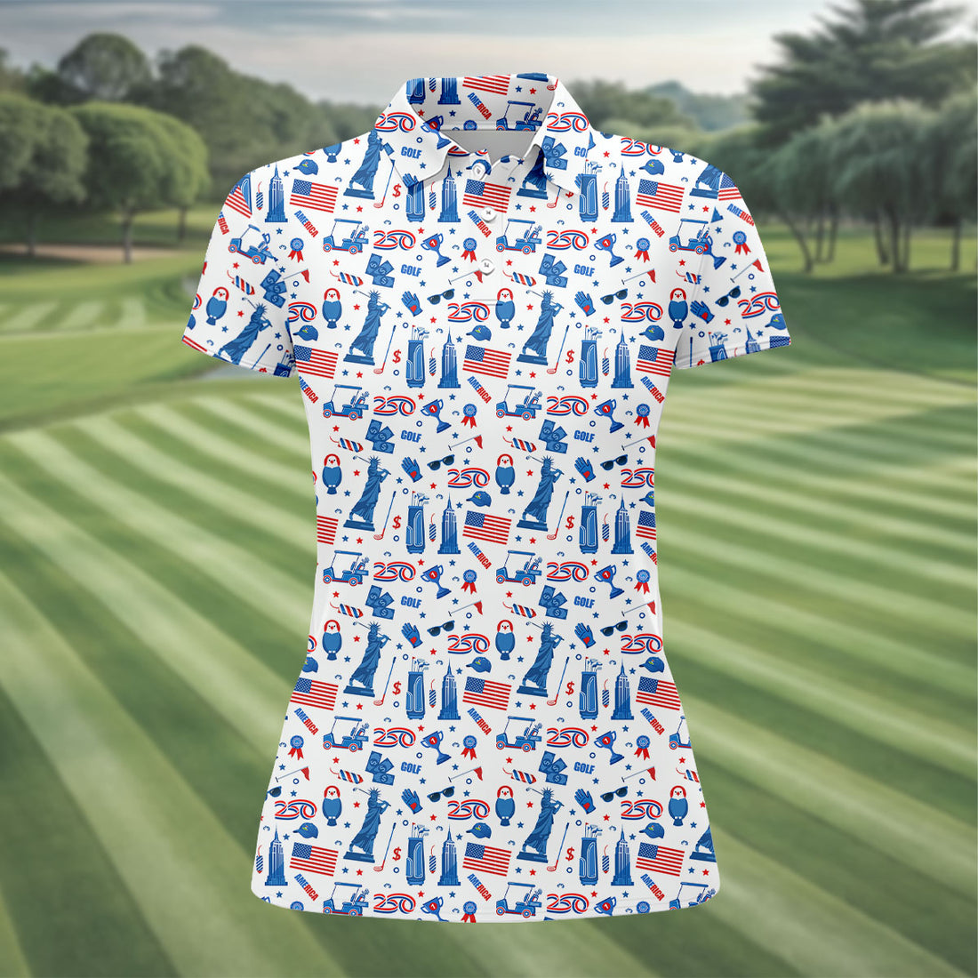 Funny Statue Of Liberty Golf Pose 4th Of July Red White Blue Women Golf Top, 250th Anniversary Patriotic Golf Shirt