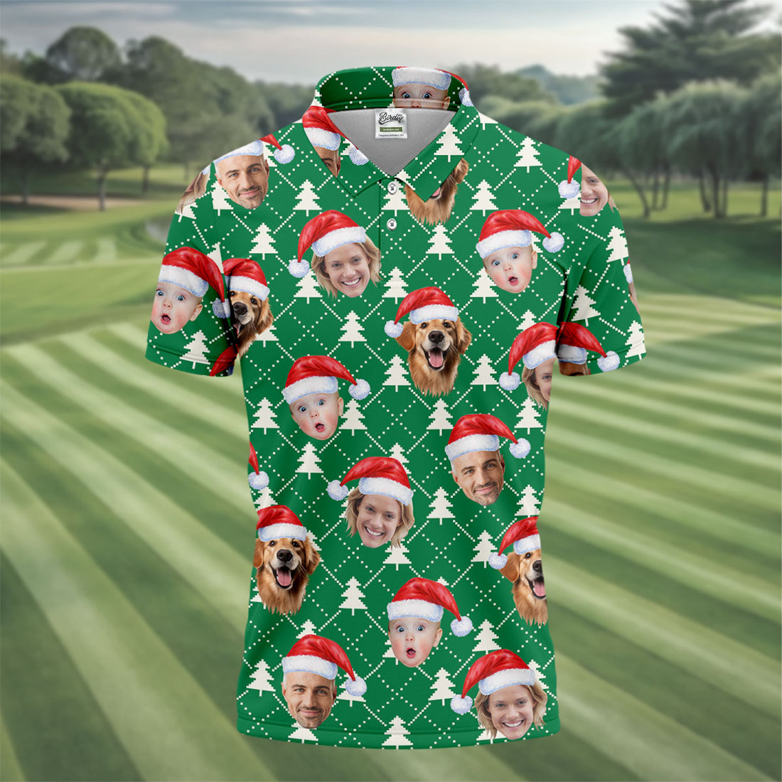 Custom Face Snow Pine Tree White Dotted Christmas Golf Shirt, Golf Shirts For Men, Golf Gift For Men
