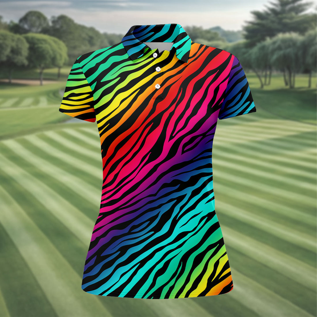 Rainbow Gradient LGBT Support Zebra Pattern Ladies Golf Tops, Pride Month Golf Shirt For Women