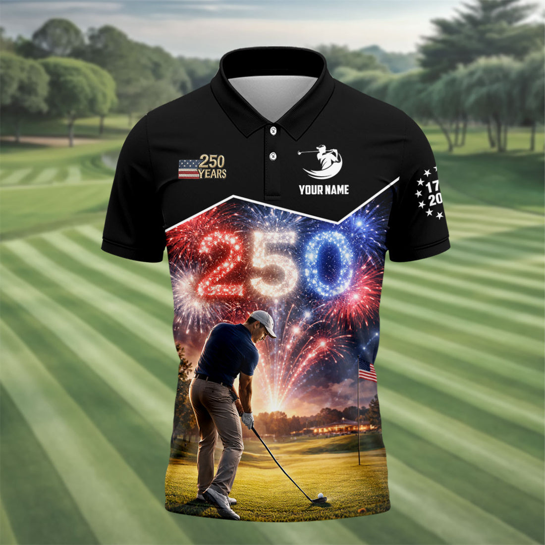 Custom America 250 Fireworks Golfer Polo Shirt, Mens Golf Polo, Golf Shirts For Men