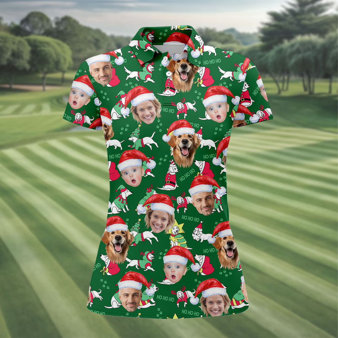 Custom Face Ho Ho Ho Cute White Dog Christmas Golf Shirt, Ladies Golf Shirts, Golf Gifts For Women