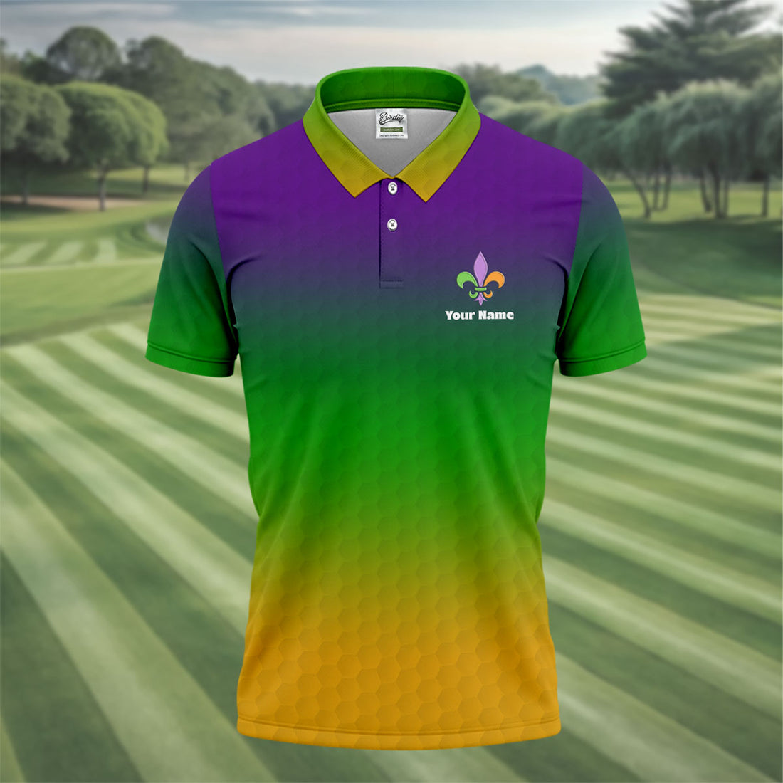 Mardi Gras Purple Gold Green Blended Color Golf Ball Pattern Golf Tops For Men, Polo Shirts For Men