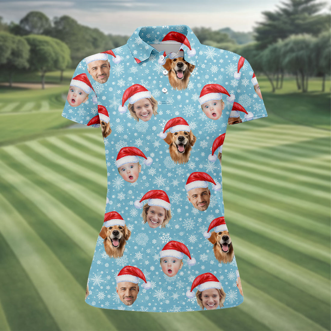Custom Face Snowflakes Print Ice Blue Christmas Golf Shirt, Ladies Golf Shirts, Golf Gifts For Women