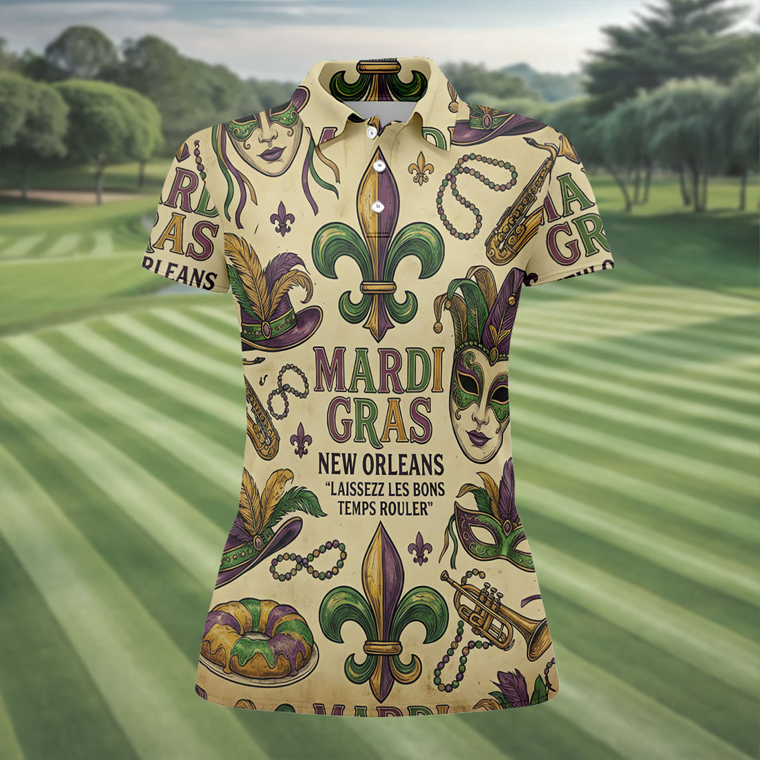 Mardi Gras New Orleans Fleur De Lis Carnival Hat Women's Golf Tops, Ladies Golf Shirts, Ladies Golf Polos