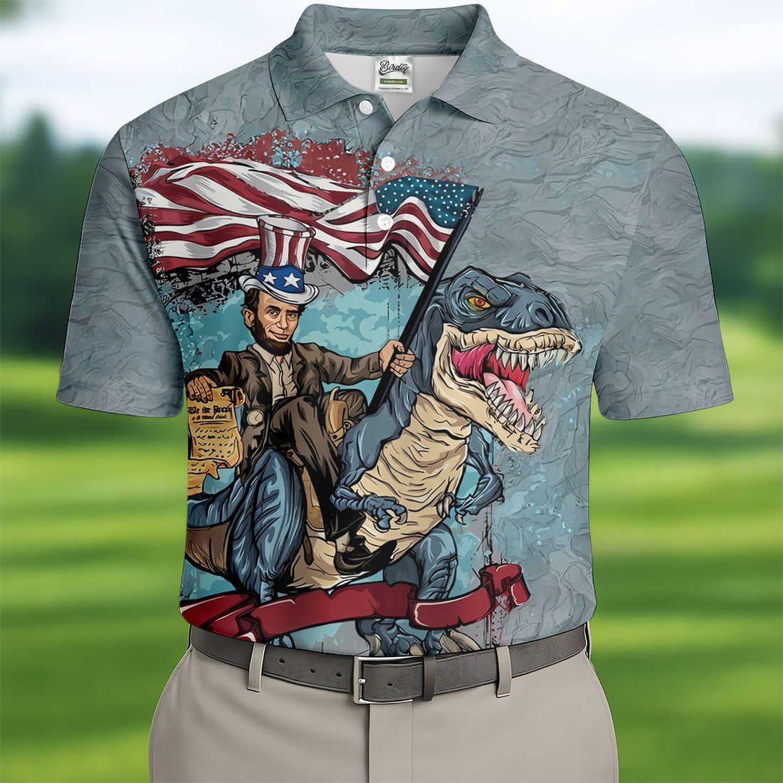 T-Rex Dinosaur US Flag Pattern 4th Of July Golf Shirt, Patriotic 250 Years Golf Shirts For Men
