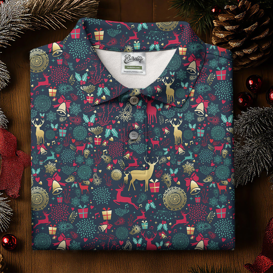 Vintage Reindeer Bell Dark Navy Christmas Golf Tops For Men, Gift Christmas Golf Shirt Polos, Men Golf Apparel