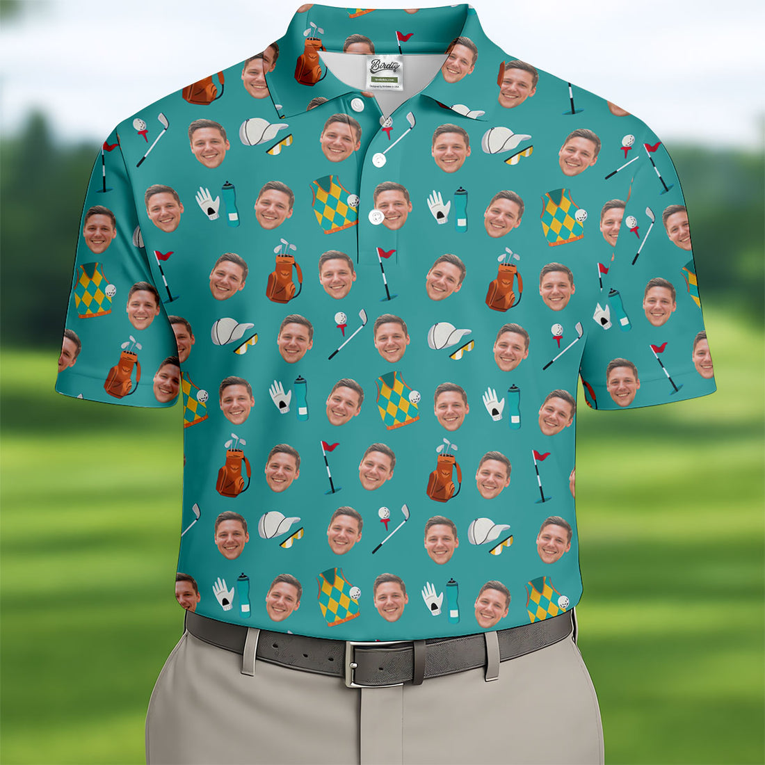 Teal Custom Photo Golf Icons Polo Shirt, Golf Shirts For Men, Mens Golf Apparel