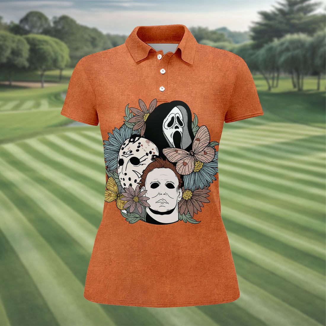 Floral Horror Mask Trio Halloween Golf Polo Shirt, Golf Tops For Women, Printed Golf Shirt